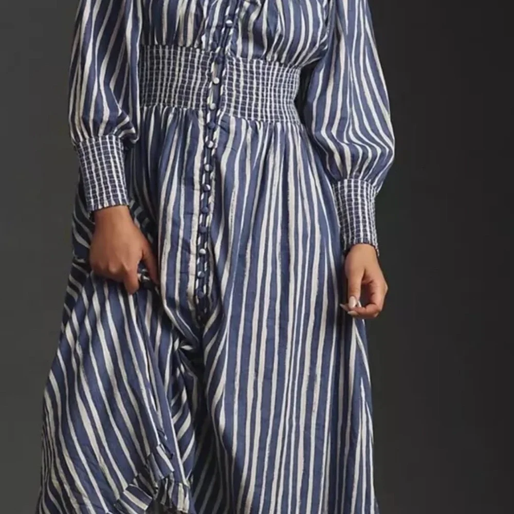 Anthropologie Long Sleeve Sweetheart Maxi Midi Dress Blue Motif - Picture 4 of 9